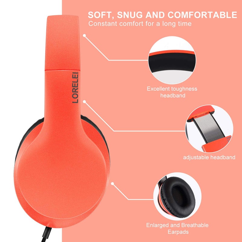 LORELEI X6 Over-Ear Headphones with Microphone, Lightweight Foldable & Portable Stereo Bass Headphones with 1.45M No-Tangle,Wired Headphones for Smartphone Tablet MP3 / 4 (Vitality Orange) - Image 4
